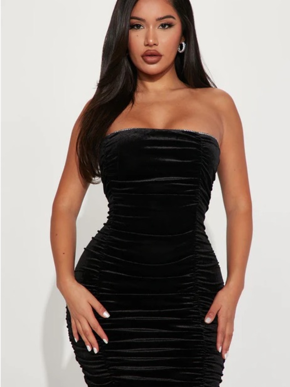 Fashion Nova Black Strapless Ruched Velvet Bodycon Dress - Picture 3 of 10